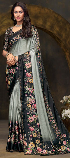 Black and Grey color Saree in Satin Silk fabric with Floral, Printed work