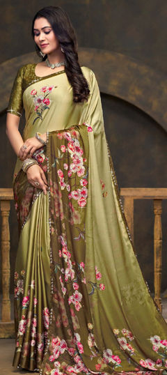 Green color Saree in Satin Silk fabric with Floral, Printed work