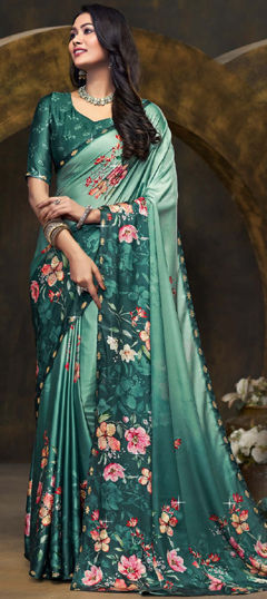 Blue color Saree in Satin Silk fabric with Floral, Printed work