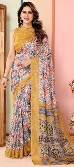 Yellow color Saree in Kota Doria Silk fabric with Printed work