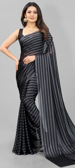 Black and Grey color Saree in Faux Georgette fabric with Printed work