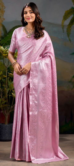 Pink and Majenta color Saree in Kanjeevaram Silk fabric with Weaving, Zari work