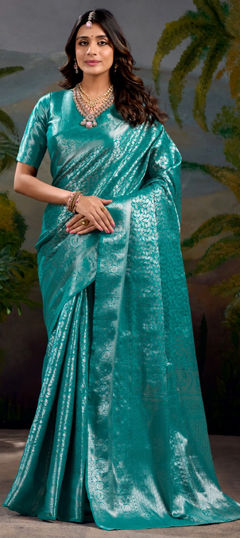 Blue color Saree in Kanjeevaram Silk fabric with Weaving, Zari work