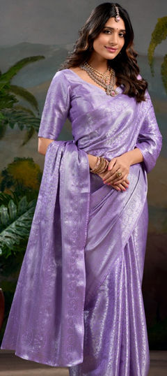 Purple and Violet color Saree in Kanjeevaram Silk fabric with Weaving, Zari work