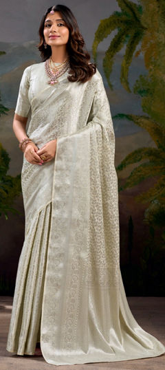 White and Off White color Saree in Kanjeevaram Silk fabric with Weaving, Zari work