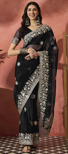 Black and Grey color Saree in Net fabric with Embroidered, Stone, Thread work