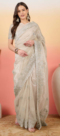 Silver color Saree in Net fabric with Embroidered, Stone, Thread work