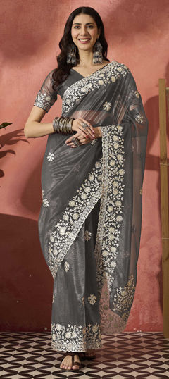 Black and Grey color Saree in Net fabric with Embroidered, Stone, Thread work