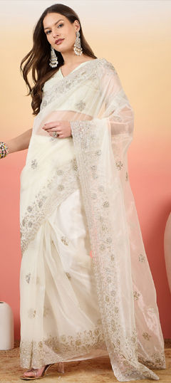 White and Off White color Saree in Net fabric with Embroidered, Stone, Thread work