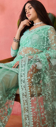 Green color Saree in Net fabric with Embroidered, Resham, Stone, Thread work