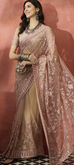 Pink and Majenta color Saree in Net fabric with Embroidered, Stone, Thread work