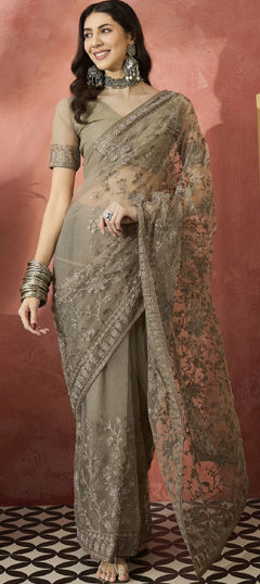 Beige and Brown color Saree in Net fabric with Embroidered, Stone, Thread work