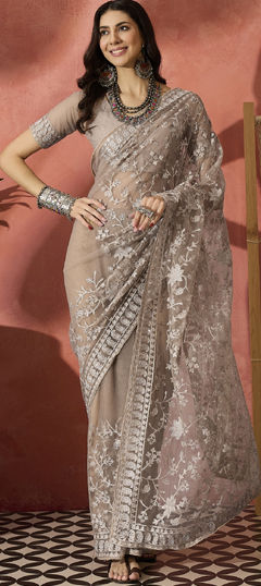 Black and Grey color Saree in Net fabric with Embroidered, Stone, Thread work