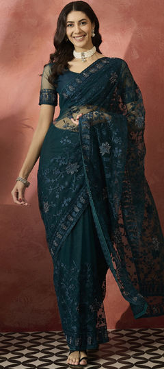 Blue color Saree in Net fabric with Embroidered, Stone, Thread work