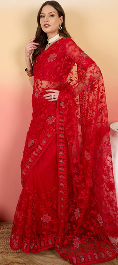 Red and Maroon color Saree in Net fabric with Embroidered, Stone, Thread work