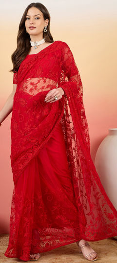 Red and Maroon color Saree in Net fabric with Embroidered, Resham, Stone, Thread work