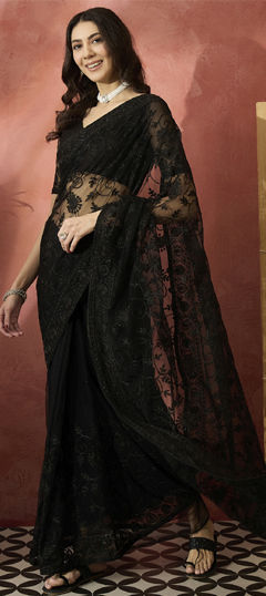 Black and Grey color Saree in Net fabric with Embroidered, Resham, Stone, Thread work