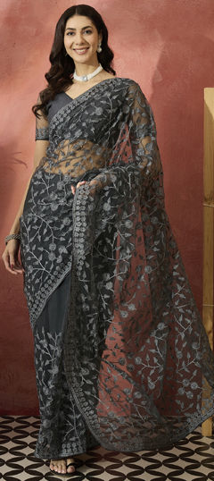 Black and Grey color Saree in Net fabric with Embroidered, Stone, Thread work