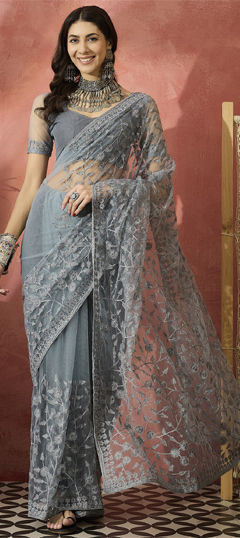 Black and Grey color Saree in Net fabric with Embroidered, Stone, Thread work