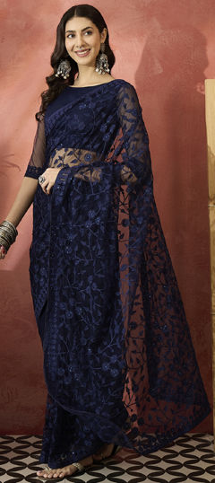 Blue color Saree in Net fabric with Embroidered, Stone, Thread work