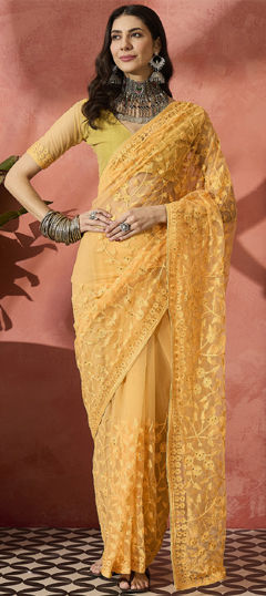 Yellow color Saree in Net fabric with Embroidered, Stone, Thread work