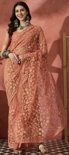 Pink and Majenta color Saree in Net fabric with Embroidered, Stone, Thread work