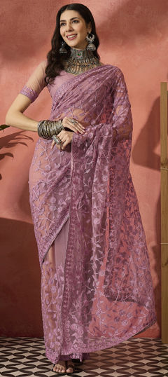 Purple and Violet color Saree in Net fabric with Embroidered, Stone, Thread work