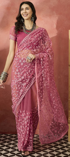 Pink and Majenta color Saree in Net fabric with Embroidered, Stone, Thread work