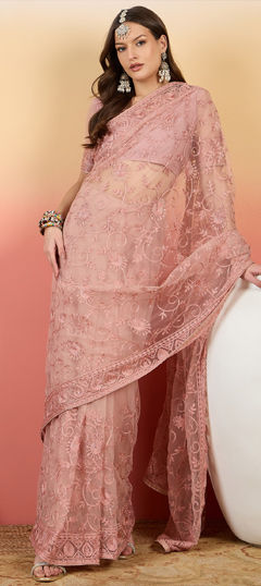 Pink and Majenta color Saree in Net fabric with Embroidered, Resham, Stone, Thread work