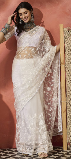 White and Off White color Saree in Net fabric with Embroidered, Resham, Stone, Thread work