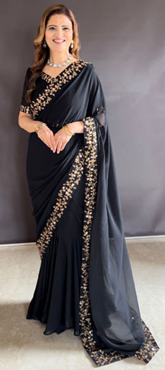 Black and Grey color Gown in Faux Georgette fabric with Embroidered, Thread, Zari work