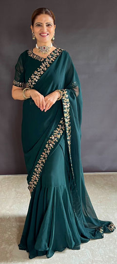 Green color Gown in Faux Georgette fabric with Embroidered, Thread, Zari work
