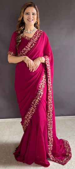 Pink and Majenta color Gown in Faux Georgette fabric with Embroidered, Thread, Zari work