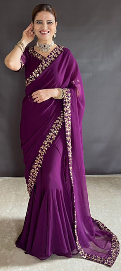 Pink and Majenta color Gown in Faux Georgette fabric with Embroidered, Thread, Zari work