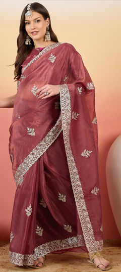 Pink and Majenta color Saree in Crushed Silk fabric with Embroidered, Resham, Stone, Thread work