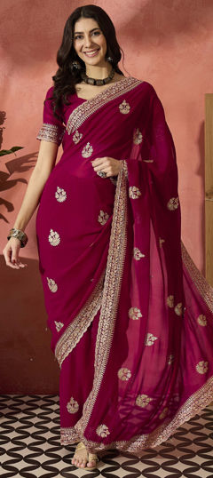 Pink and Majenta color Saree in Georgette fabric with Embroidered, Thread, Zari work