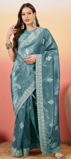 Blue color Saree in Crushed Silk fabric with Embroidered, Resham, Stone, Thread work