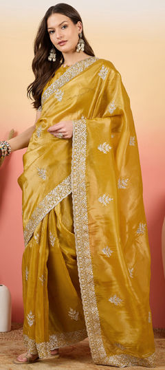 Yellow color Saree in Crushed Silk fabric with Embroidered, Resham, Stone, Thread work