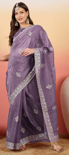 Purple and Violet color Saree in Crushed Silk fabric with Embroidered, Resham, Stone, Thread work