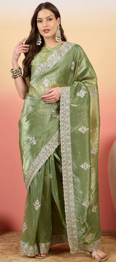 Green color Saree in Crushed Silk fabric with Embroidered, Resham, Stone, Thread work