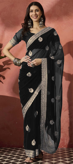 Black and Grey color Saree in Georgette fabric with Embroidered, Thread, Zari work