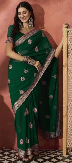 Green color Saree in Georgette fabric with Embroidered, Thread, Zari work