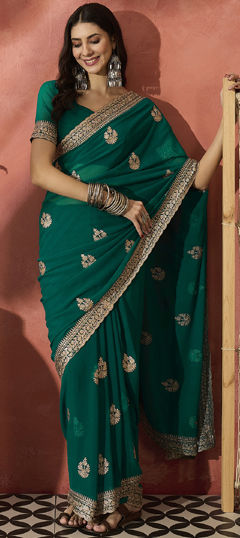 Blue color Saree in Georgette fabric with Embroidered, Thread, Zari work