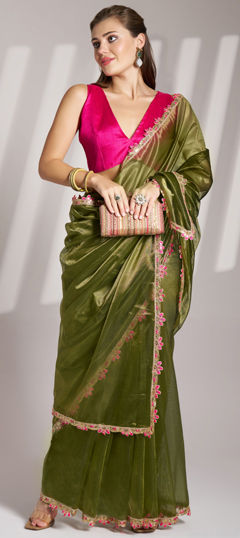 Green color Saree in Organza Silk fabric with Lace work