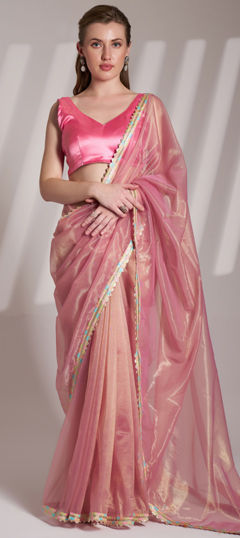 Pink and Majenta color Saree in Organza Silk fabric with Lace work