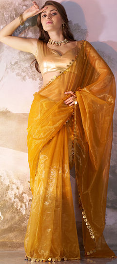 Yellow color Saree in Organza Silk fabric with Lace work