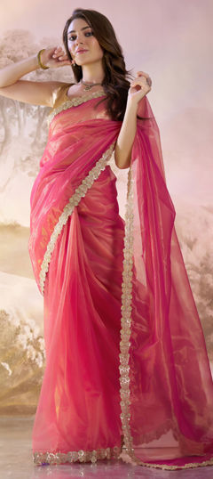 Red and Maroon color Saree in Organza Silk fabric with Lace work