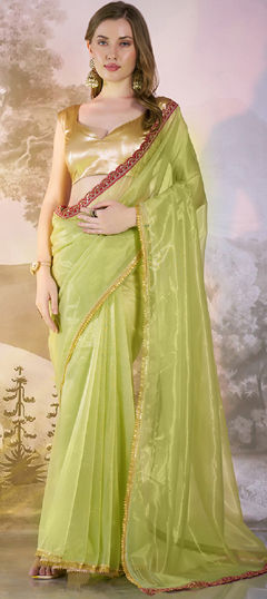 Green color Saree in Organza Silk fabric with Lace work