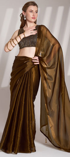 Beige and Brown color Saree in Organza Silk fabric with Thread work