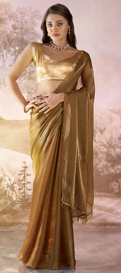 Gold color Saree in Organza Silk fabric with Lace work